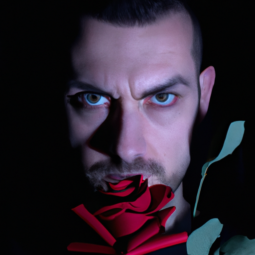 An image capturing a Scorpio man's intense gaze, piercing through the darkness, as he holds a single red rose, symbolizing his passionate love, in his hands