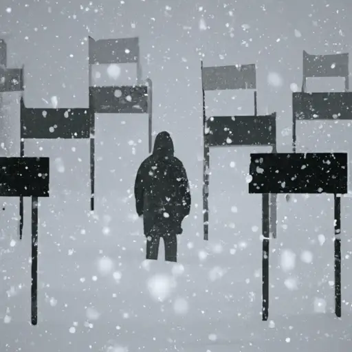 An image showcasing a wintry landscape with a solitary figure standing amidst a blizzard, surrounded by a row of signs