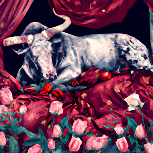 An image showcasing a serene Taurus relishing in a field of fragrant roses, surrounded by luxurious fabrics and indulging in a mouth-watering feast, while nearby clutter and chaos are shunned