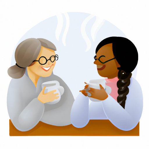 An image that showcases two teachers sitting at a cozy café table, engaged in animated conversation