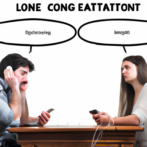 An image showing a couple sitting on opposite ends of a long table, their faces expressing frustration, while a phone lies untouched between them and speech bubbles filled with unspoken words hover above