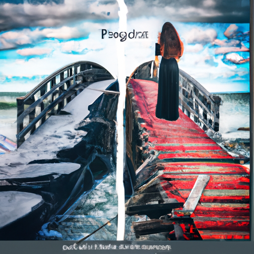 An image showcasing a woman standing alone on a broken bridge, with one side representing her past mistakes and the other symbolizing a hopeful future, emphasizing the biggest mistakes women make in relationships