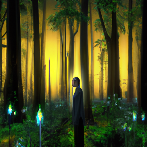An image depicting a serene forest at dusk, with a person standing amidst tall trees