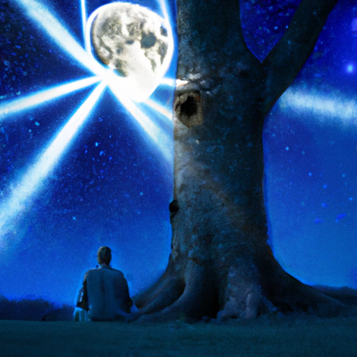 An image showcasing a serene starry night, with a full moon illuminating a person meditating cross-legged beneath a mystical tree