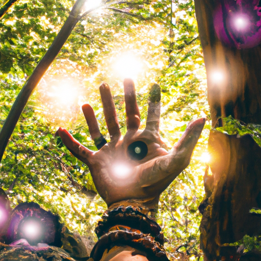 An image showcasing a serene, mystical forest scene, with beams of radiant sunlight piercing through the dense canopy onto an outstretched hand, adorned with various gemstone rings, symbolizing the diverse energy to harness from the left ear's ringing sensation