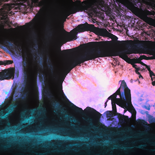 An image showcasing a serene forest scene at dusk, with a solitary figure meditating under a towering ancient tree