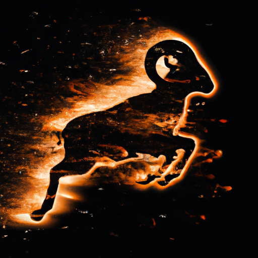 An image capturing the essence of Aries, the fiery trailblazer, with a vibrant background of blazing flames, a silhouette of a confident ram charging forward, and sparks flying in its wake