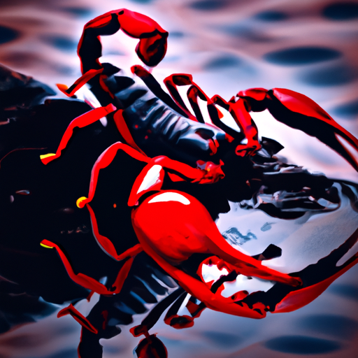 An image depicting a fiery red scorpion emerging from a pool of deep, dark water, its mesmerizing gaze filled with intensity and power