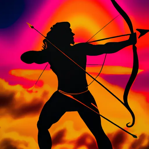 An image showcasing a fearless Sagittarius, illuminated by a vibrant sunset, confidently wielding a bow and arrow while preparing to embark on an epic expedition into uncharted territory