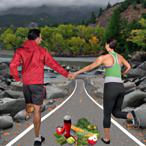 An image depicting a couple holding hands while jogging on a scenic path, showcasing their commitment to fitness