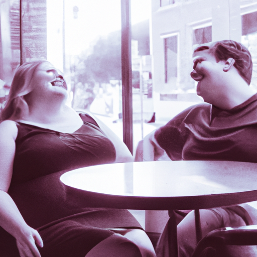An image featuring a couple sitting at a cozy cafe table, with the overweight partner confidently laughing while the other partner gazes at them lovingly, capturing the unspoken beauty and joy found in relationships regardless of body size