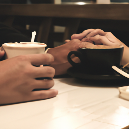 the essence of a Tinder date in a single image: A dimly lit café, two hands reaching across a table, each holding a coffee cup, their fingers subtly intertwined, while their faces beam with anticipation and nervous excitement