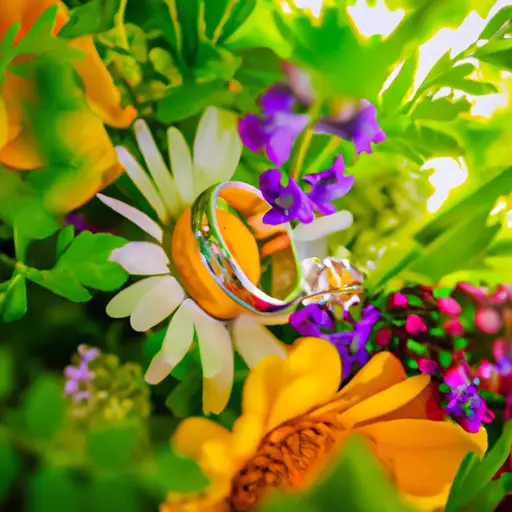 An image showcasing two intertwined wedding rings, delicately adorned with miniature sparkling diamonds, nestled upon a blooming bouquet of vibrant wildflowers, symbolizing the small yet significant details that nurture extraordinary marriages