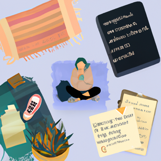An image capturing a serene scene of a person surrounded by various symbols representing self-care needs and priorities, such as a yoga mat, journal, running shoes, plants, and a cozy blanket