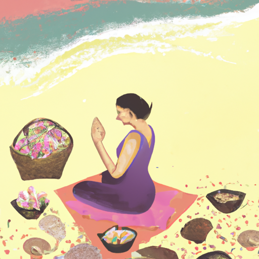 An image featuring a serene beach scene with a woman practicing yoga on the sand, surrounded by colorful seashells and a basket of aromatic flowers