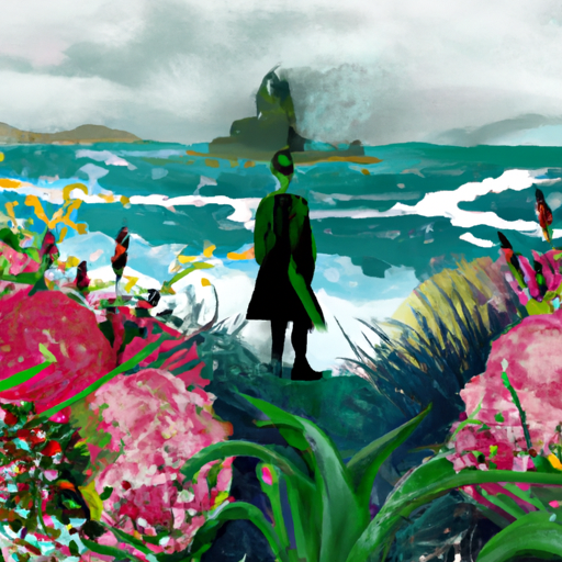 An image depicting a person standing confidently on a cliff's edge, surrounded by a vibrant, blooming garden