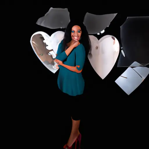 An image of a woman standing tall and smiling, surrounded by shattered heart-shaped glass pieces