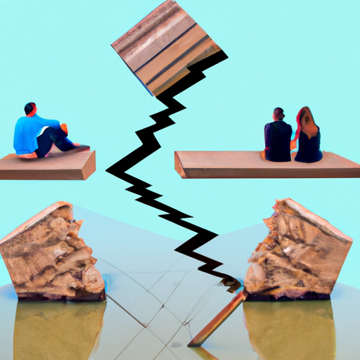An image depicting a couple sitting back-to-back on a broken bridge, symbolizing the communication breakdown caused by low self-esteem