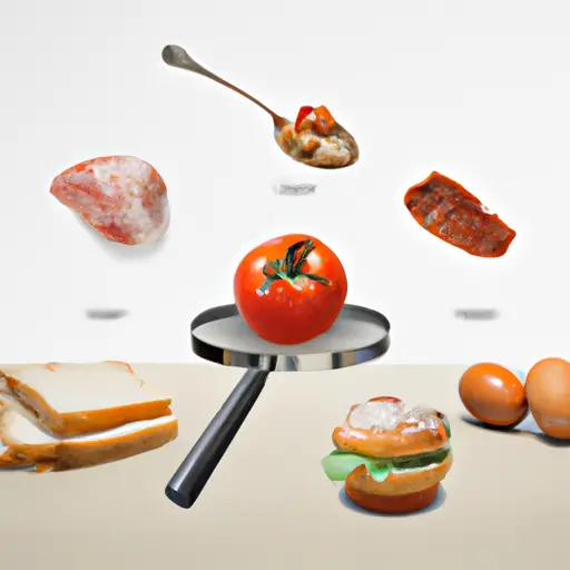 An image that showcases a dining table filled with an assortment of common food items, but with peculiar twists - a bloated tomato, a scale tipping over from a slice of bread, and an enlarged spoon as if magnifying the hidden culprits behind food sensitivities and weight gain