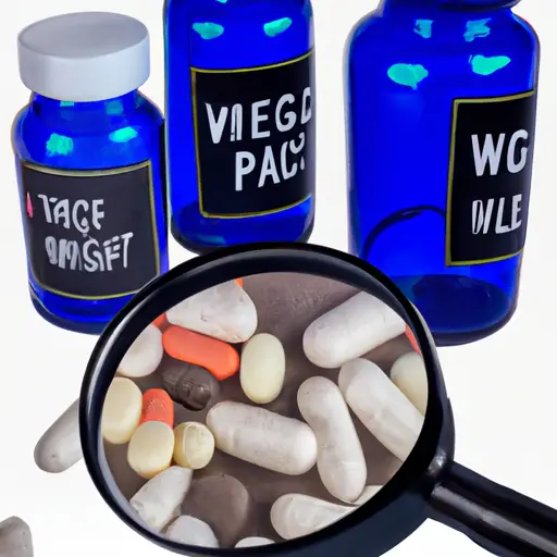 An image showcasing a variety of prescription pill bottles, with a magnifying glass highlighting one bottle