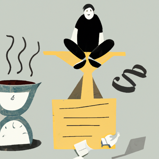 An image depicting a person sitting on a scale, surrounded by various stress-inducing elements like a clock ticking, a pile of work papers, an empty coffee cup, and a stressed expression on their face