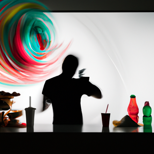 An image showcasing a blurry silhouette of a person surrounded by a chaotic tornado of junk food, sugar-filled drinks, stress-inducing gadgets, medication bottles, and sleep-depriving devices