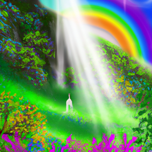 An image showcasing a vibrant rainbow spanning across a serene landscape: a sunlit meadow with blooming flowers, a glistening waterfall, and a single figure gazing at the mesmerizing colors overhead