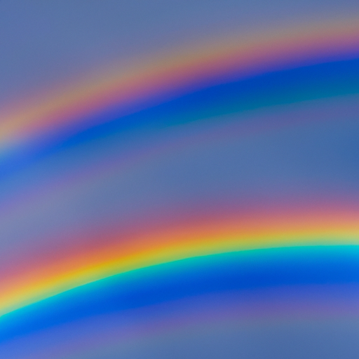 An image featuring a vibrant, double rainbow arcing across a clear blue sky, with droplets of rain still falling