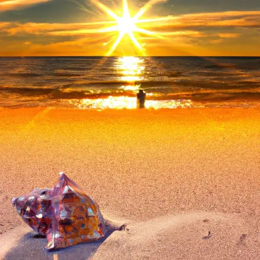 An image depicting a radiant sun setting over a vast, pristine beach
