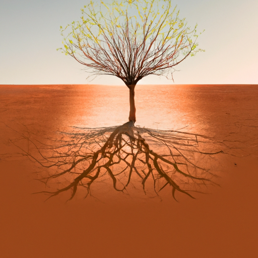 An image showcasing a tree flourishing in a barren desert, its roots firmly gripping the dry ground while its branches reach towards the sun, symbolizing the power of a growth mindset to thrive amidst challenges and achieve success