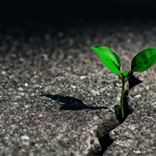 An image showcasing a sprouting seedling emerging from a cracked concrete pavement, symbolizing the transformative power of a growth mindset