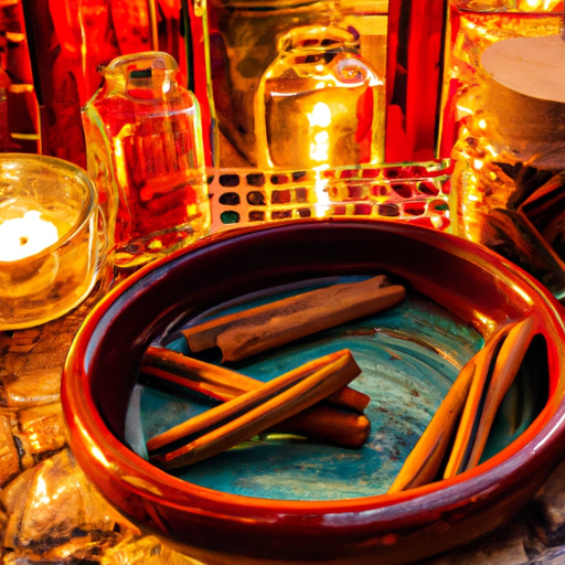 An image capturing the enchanting essence of the Cinnamon Abundance Ritual: a vibrant, sunlit kitchen adorned with cinnamon sticks, a simmering pot of fragrant spiced cider, and a glowing, cinnamon-infused candle radiating warmth and prosperity