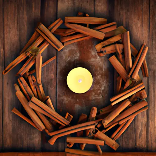 An image featuring a wooden table adorned with a vibrant cinnamon wreath, cinnamon sticks arranged in a spiral pattern, and a cinnamon-infused candle glowing warmly, symbolizing the rich symbolism of cinnamon in the Cinnamon Abundance Ritual