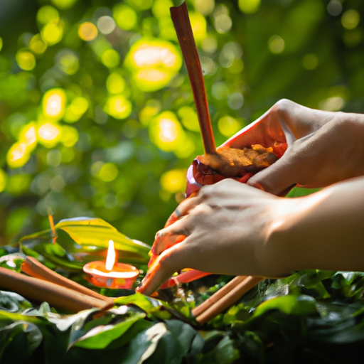 An image capturing the Step-by-Step Guide to Performing the Cinnamon Abundance Ritual: a pair of hands gracefully sprinkling cinnamon over a lit candle surrounded by a lush backdrop of vibrant green plants