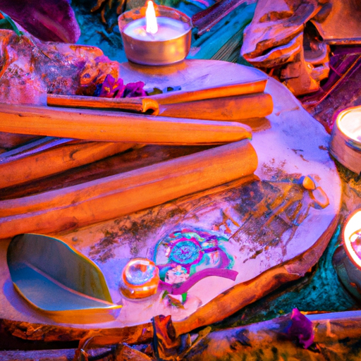 An image showcasing a vibrant cinnamon-infused altar adorned with enchanting objects, surrounded by flickering candlelight