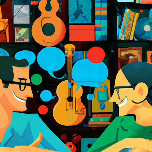 An image showcasing two people engrossed in a lively conversation, their eyes sparkling with excitement, surrounded by books, musical instruments, and artwork that reflect their shared interests and passions