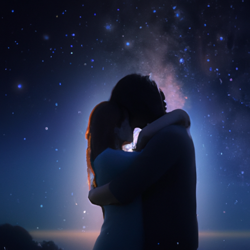 An image capturing two individuals sharing a passionate embrace under a starry night sky, bathed in the soft glow of moonlight, their eyes locked in a tender connection that speaks volumes about the unspoken chemistry of love
