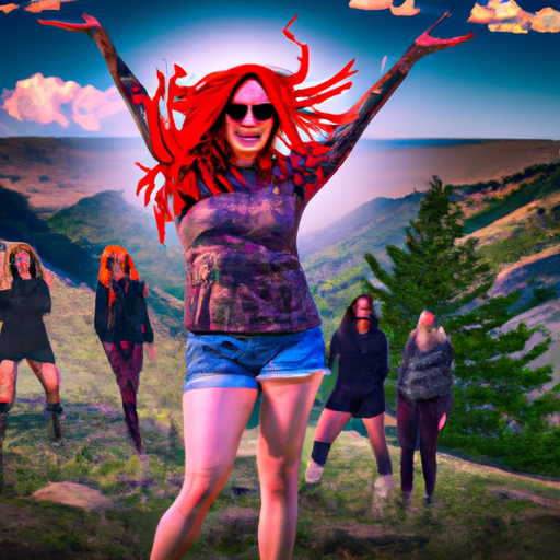 An image showcasing a vibrant and energetic woman with fiery red hair, confidently leading a group of people on an adventurous hike up a mountain, symbolizing the independent and bold nature of an Aries Moon Sign