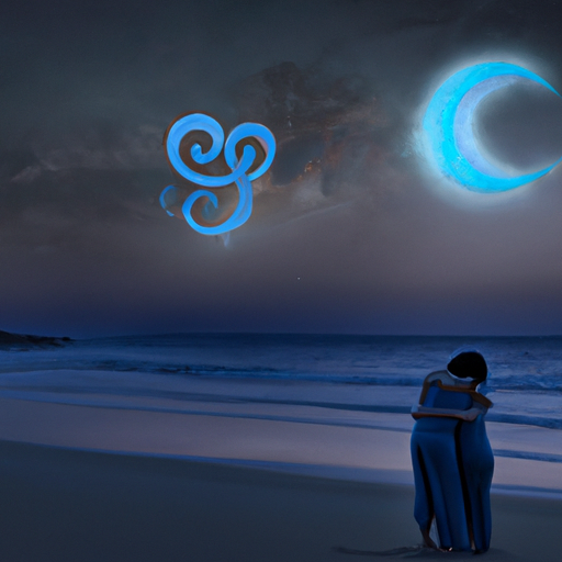 An image of a serene moonlit beach, where a compassionate and nurturing woman is tenderly embracing a partner, providing emotional security