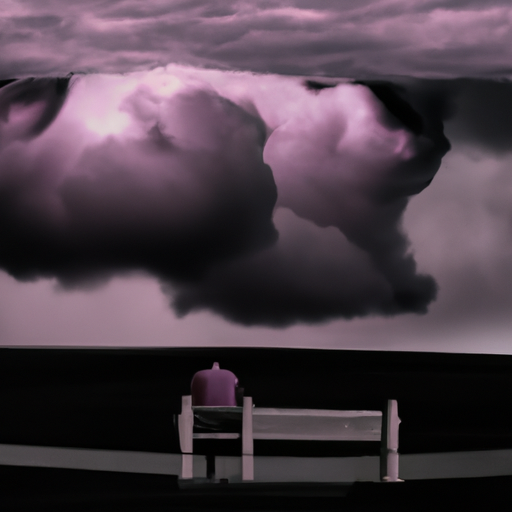 An image showing a person sitting alone on a bench, head down, surrounded by storm clouds