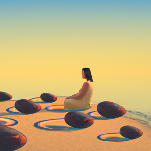 An image featuring a serene woman meditating on a sunlit beach, surrounded by a circle of reflective stones