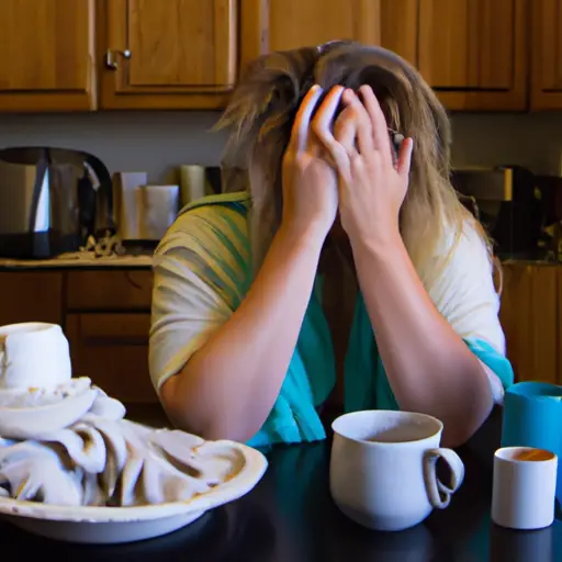 An image capturing the frustration of a woman sitting alone at a cluttered kitchen table, her face buried in her hands as she gazes at a coffee mug overflowing with dirty dishes, symbolizing the irritation she feels towards her husband's lack of cleanliness