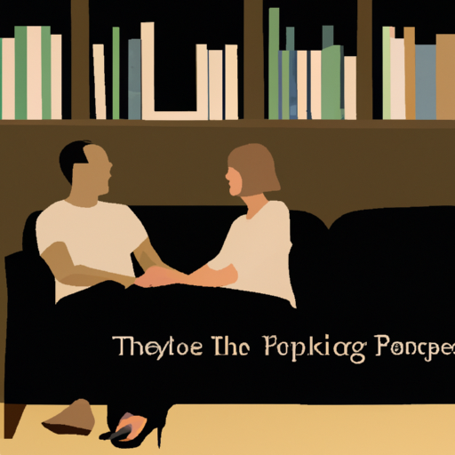 An image featuring a couple sitting on a comfortable couch in a dimly lit room, surrounded by shelves filled with books on relationships and therapy