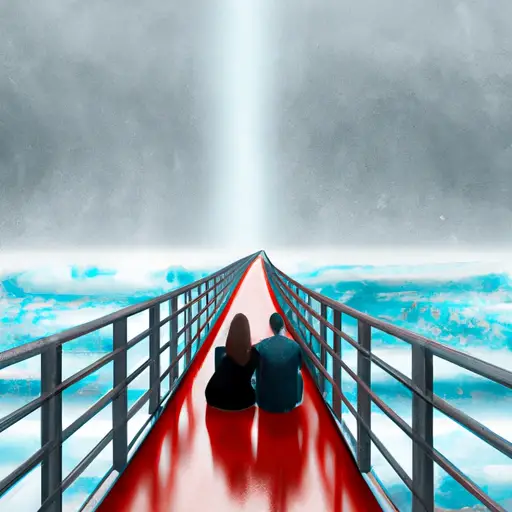 An image of a couple sitting on opposite ends of a long, narrow bridge over a vast, stormy ocean