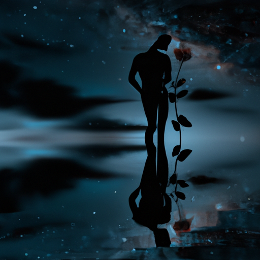 An image that captures the essence of a Libra man's longing for reconciliation: a solitary figure beneath a starlit sky, holding a delicate rose, gazing at a reflection of his lost love