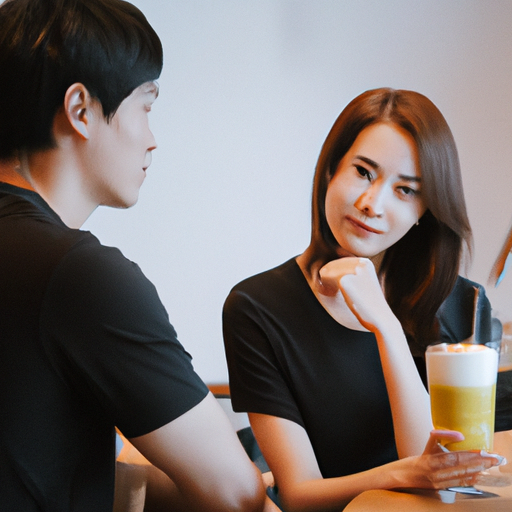 An image of two people sitting across from each other in a coffee shop, one person leaning forward with a slight smile and raised eyebrows, while the other person mirrors their body language, indicating a mutual attraction