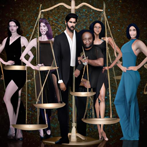 An image showcasing a Libra man surrounded by a diverse group of elegant, sophisticated women