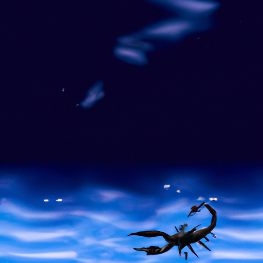An image depicting a serene, deep-sea environment with a striking Scorpio constellation submerged in the calm waters