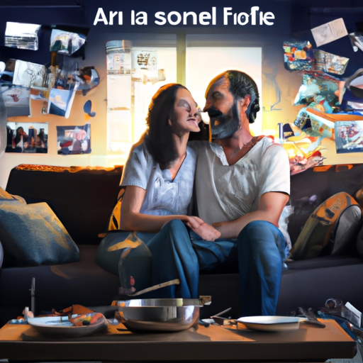 An image that portrays a couple sitting on a cozy couch, their genuine smiles reflecting a deep connection