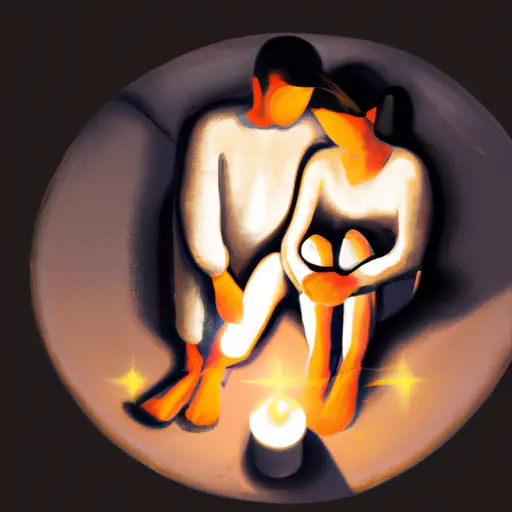 An image capturing a couple sitting on a cozy sofa, their bodies intertwined, bathed in warm candlelight